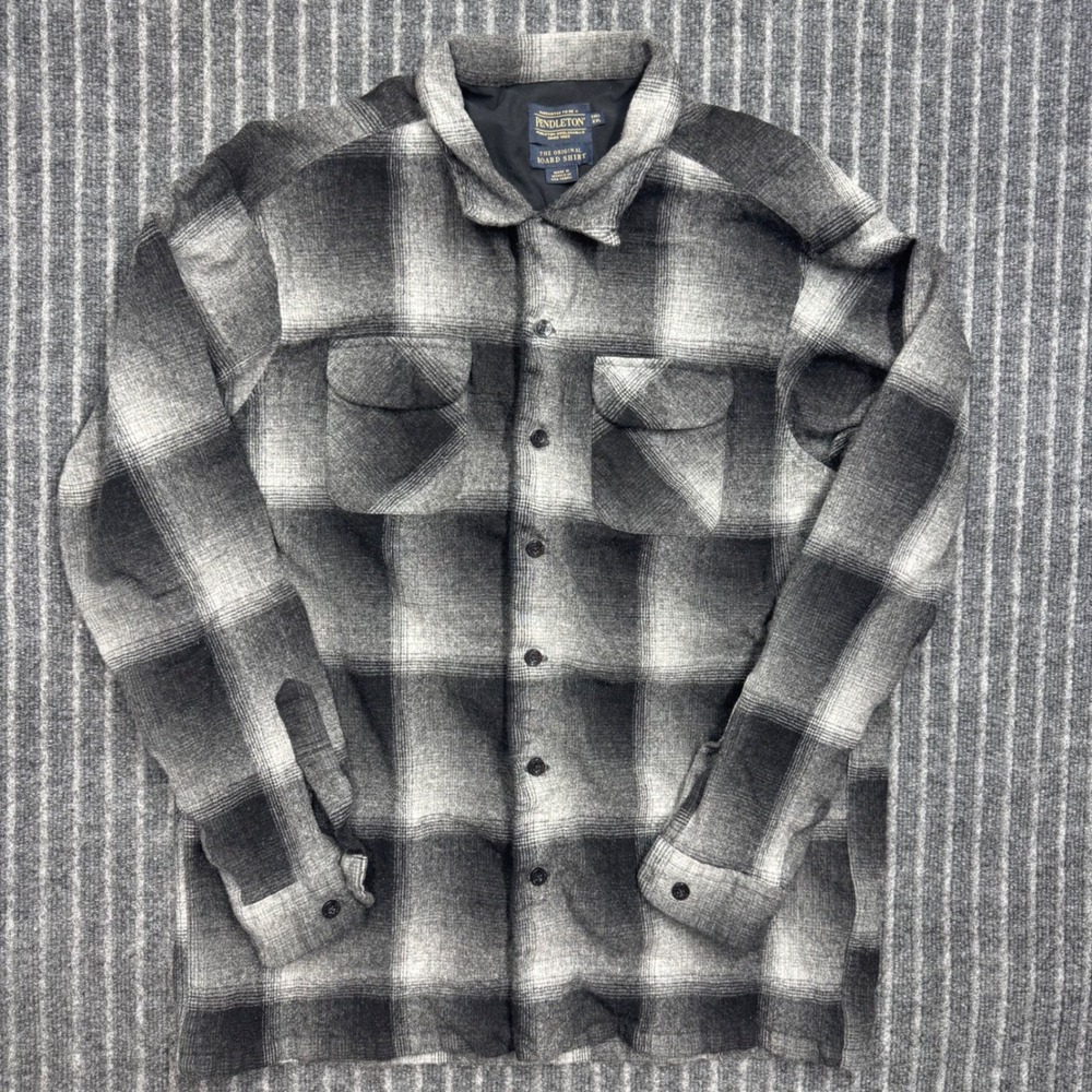 Pendleton Mens Original Board Shirt XL Tall Grey Black Ombre Plaid Virgin Wool